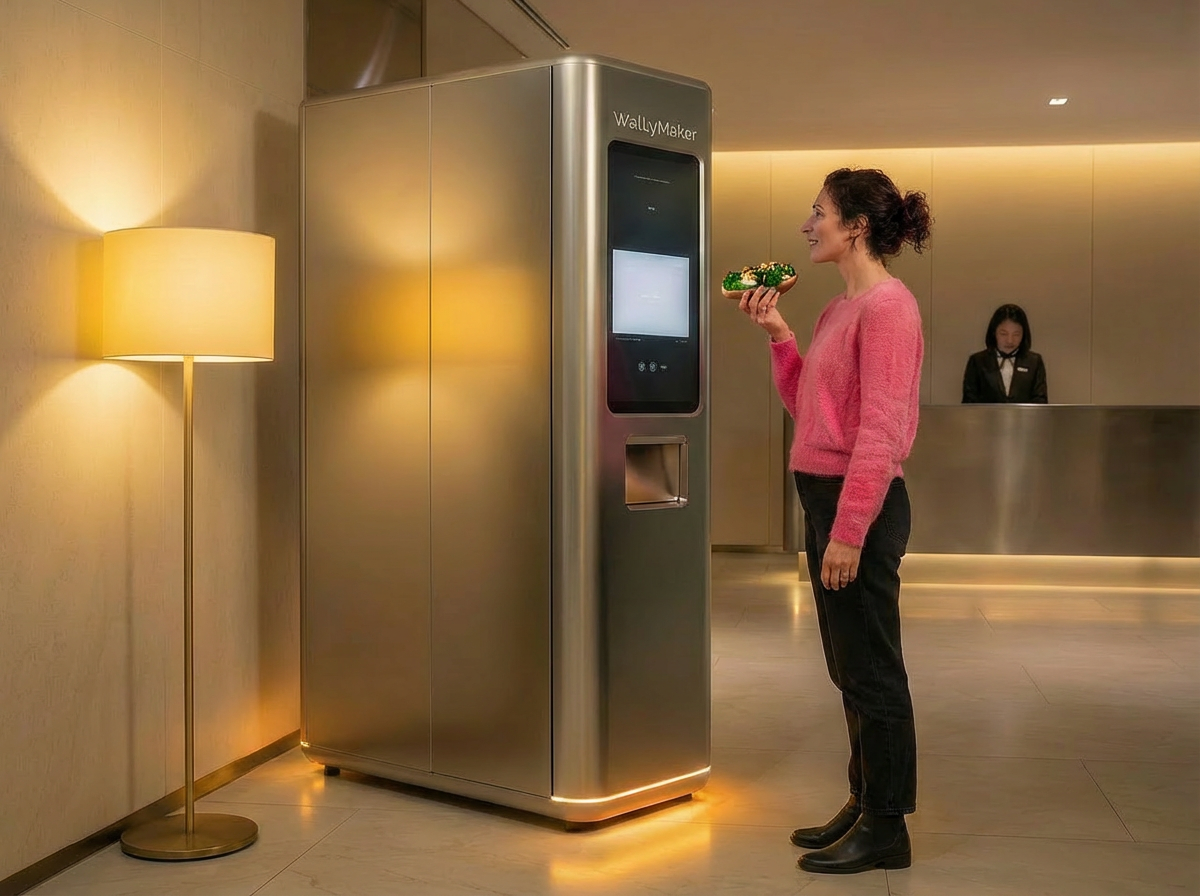 Woman getting a Walley from hotel lobby machine